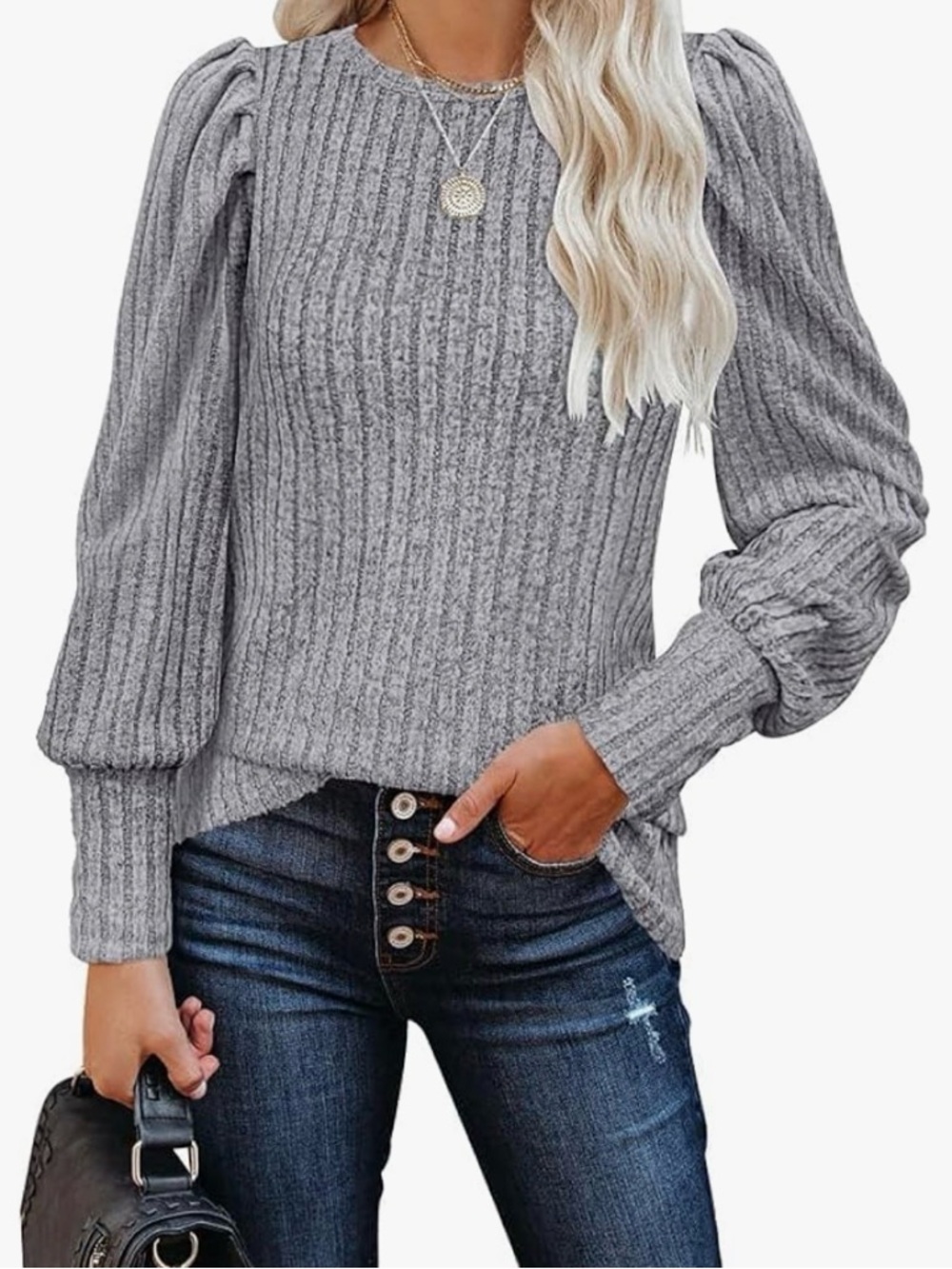 Women's Ribbed Puff-Sleeve Crewneck Sweater - Gray, Size large